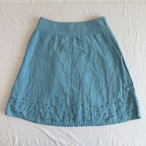 Boden Blue Linen Blend A-Line Skirt with Navy Bobble Trim - US 4 R UK 8